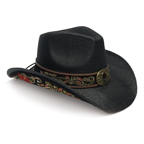Image of YOUBADU Western Straw Cowboy and Cowgirl Hats with Decorative Bands - Unisex Wide Brim Raffia Style Sun Hat