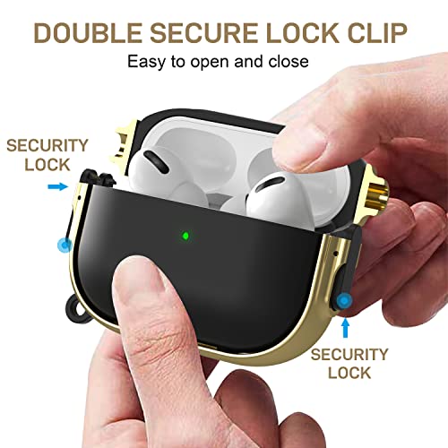 Image of Maxjoy for AirPods Pro 2nd /1st Generation Case with Lock, Cute AirPods Pro 2 Case Lock Protective Hard AirPod Pro Cover for Women Men with Keychain for Airpod Pro (2023 /2022 /2019), Black /Gold