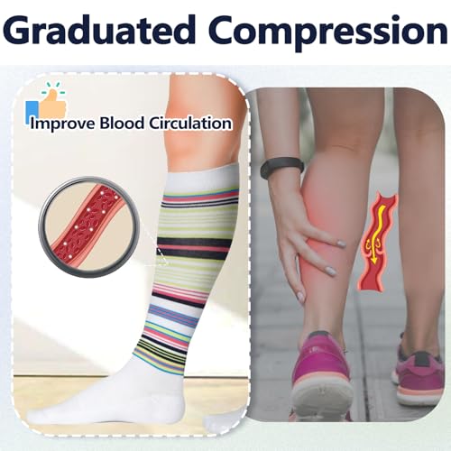Image of +MD Cotton Compression Socks for Women & Men 4 /6 Pairs 15-20mmHg Knee High for Sports, Travel, Nursing Long Sitting Standing