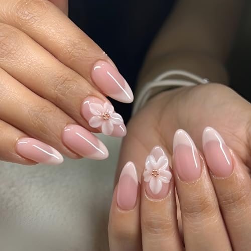 24Pcs French Tip Fake Nails Medium Almond Press on Nails 3D Flower Nails Press Ons Glossy Full Cover False Nails Acrylic Glue on Nail Reusable Stick on Nail for Women Decorations Set