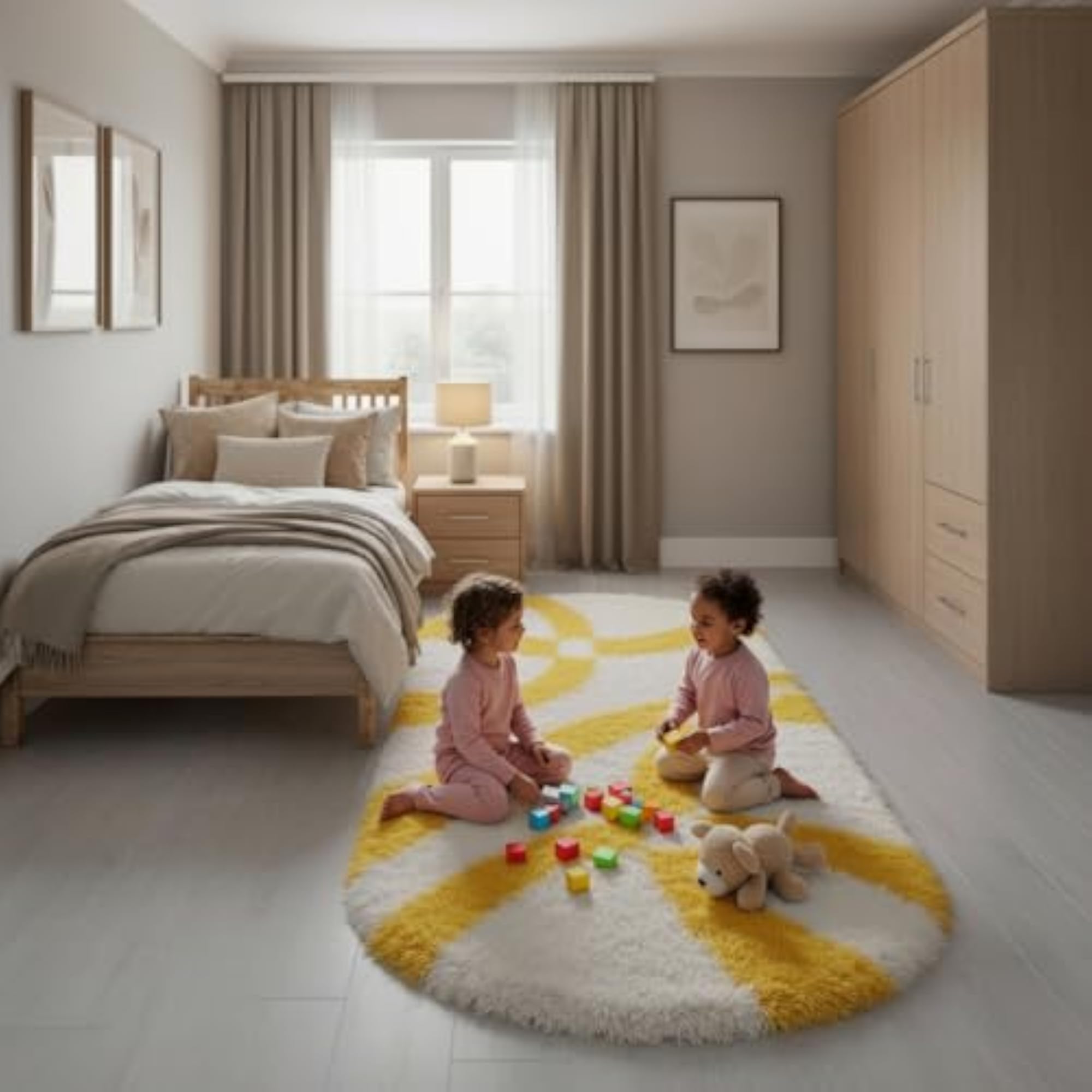 Oval Soft Shaggy Carpet Runner, Yellow and White Geometric Lines