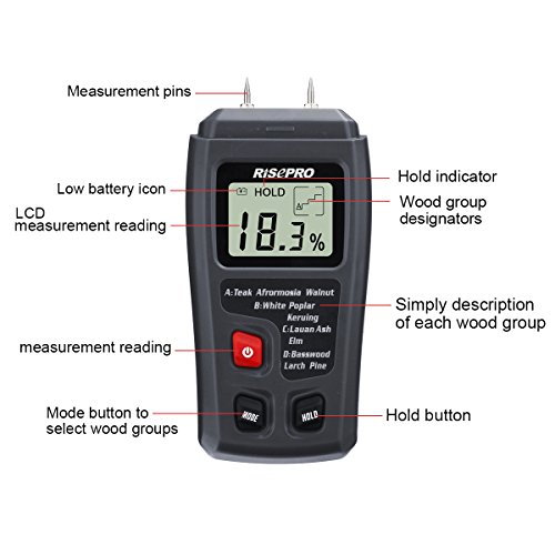 Wood Moisture Meter, RISEPRO Digital Moisture Meter 2 pins Wood Moisture Tester Water Content MT-10 - Thumbnail 5