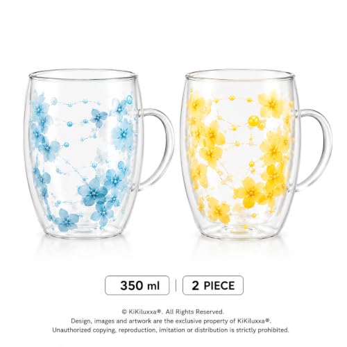 Image of KiKiluxxa 350ml Double Wall Glass Tea Coffee Mug Set of 2 | Glass Cups with Movable Decorative Flowers & Pearl Beads | Insulated Glass Mug for Tea, Coffee, Milk, Gift (Multicolor Assorted)