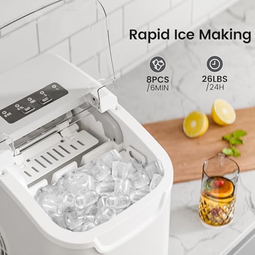 Image of Kismile Ice Makers Countertop,Portable Ice Maker Machine with Handle,26Lbs /24H,2 Ice Sizes(S /L),8 Bullet Ice Cubes in 6 Mins,Self-Cleaning Countertop Ice Maker for Home & Kitchen(White)
