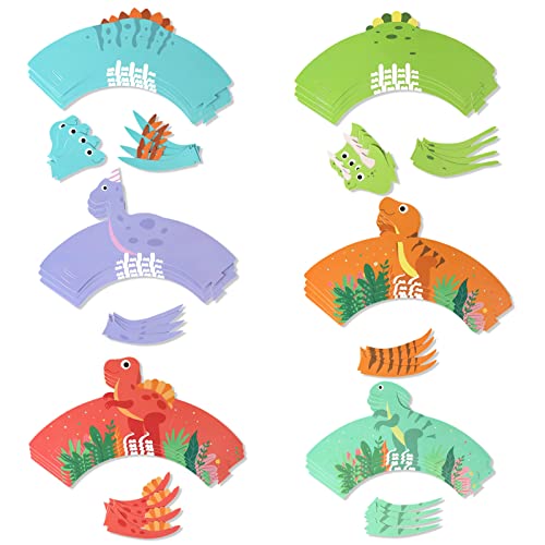 Howaf 24 Pieces Dinosaur Cupcake Wrappers, Cute Dinosaur Cupcake Toppers In 6 Designs For Cake Decoration, Dino Pattern Cake Decor For Kids Birthday Party Supplies #TOP3