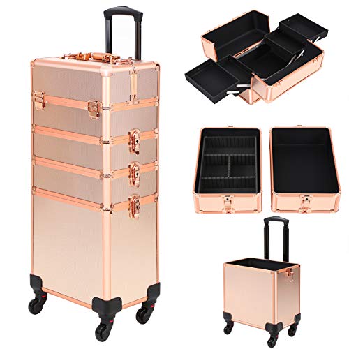 MuGuang 4 en 1 Universel Grand Aluminium Beauté Maquillage Cosmétiques Cas Chariot Coffre Professionnel Portable Voyage Organisateur Boîte Sac Roulant Beuty Case (Or Rose)