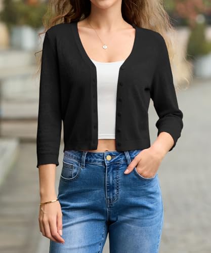 Image of Belle Poque Womens Summer Cropped Cardigan Sweaters Lightweight Crochet Bolero Shrugs 3 /4 Sleeve Button Down V Neck Cardigans