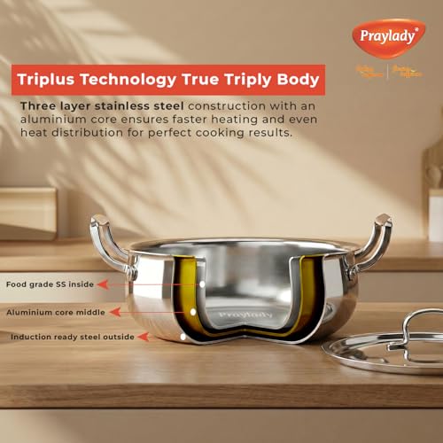 Image of Praylady Triplus+ Pro Triply Biryani Handi | 24 cm | 4.0 L | Dum Biryani Cooking Pot | Patila | Even Heat Distribution | Non Toxic | Less Oil Use | SS Lid | Stock Pot | Induction & Gas Stove Ready