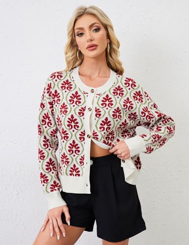 Image of Women's Floral Printed Cardigan Open Front Button Down Knit Flower Sweaters Long Sleeve Crew Neck Fashion Tops Red
