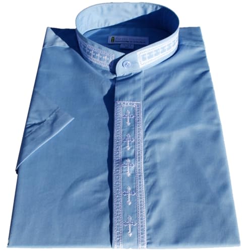 Clergy Shirt for Men with Embroidered Collar Short Sleeves Light Blue with White Cross (22