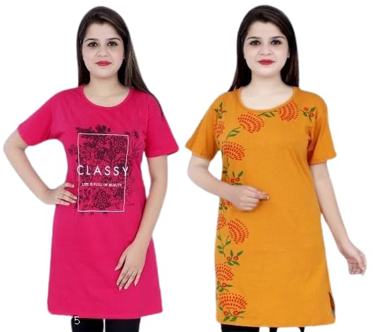 Women's Cotton T-Shirt Dress, Printed Design, Round Neck, Short Sleeve, Pink and Yellow, Pack of 2-picture-37