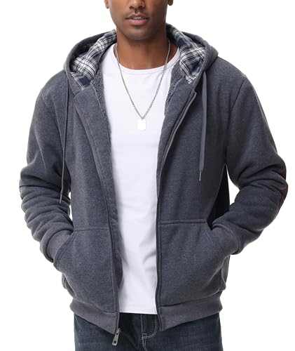 ZITY Mens Flannel Plaid Lined Hoodies Zip Up Heavyweight Sweatshirt Winter Warm Thick Coat