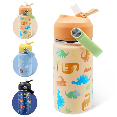 AMFUN Kinder roestvrijstalen geïsoleerde waterfles, 350 ml drinkfles voor kinderen met rietje, kinderfles lekvrij, thermosfles voor peuters voor school - BPA-vrij