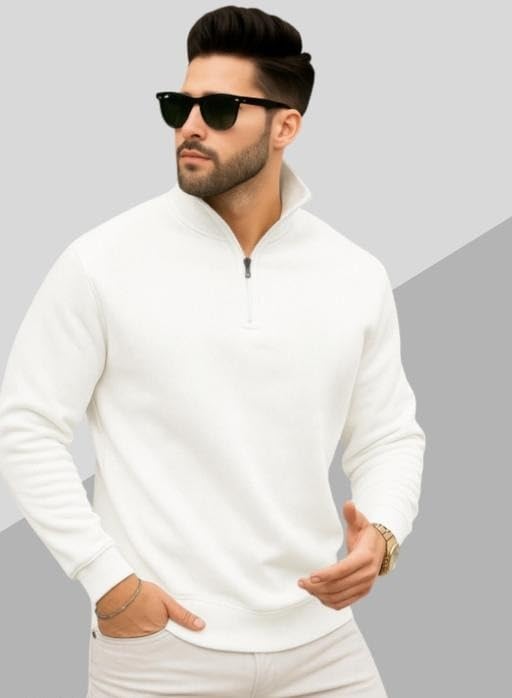 Image of Mens Half Zip High Neck Fleece Sweatshirt Full Sleeve Casual Winter Pullover Everyday Comfortable Top White M