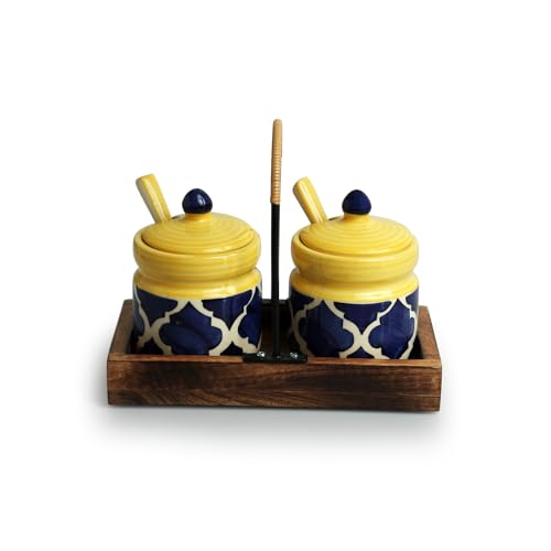 Image of ExclusiveLane 'Moroccan' Ceramic Pickle Jars For Dining Table With Spoon & Wooden Tray (Set of 2,280 ML) |Ceramic Jars For Kitchen Storage Pickle Holder Pickle Jars For Storage,Multicolor