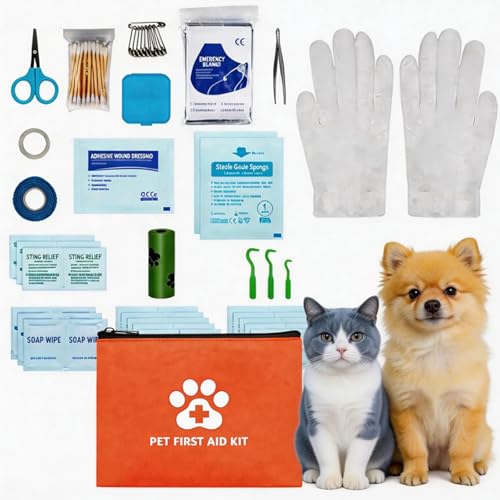 Portable Pet First Aid Kit, Emergency Kit for Dogs and Cats with Tick Remover Tools, Thermal Blanket Portable Waterproof Case for Hiking, Travel, Home, Car Useï¼ˆ102 pcs