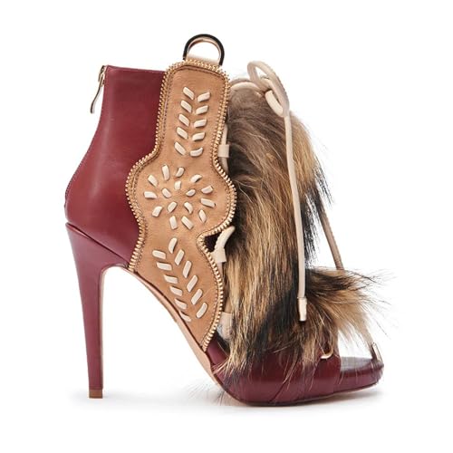Fur Stiletto Heels Sandals for Women Lace up Faux Fur Ankle High Heels with Back Zip Peep Toe Comfortable Sandals4