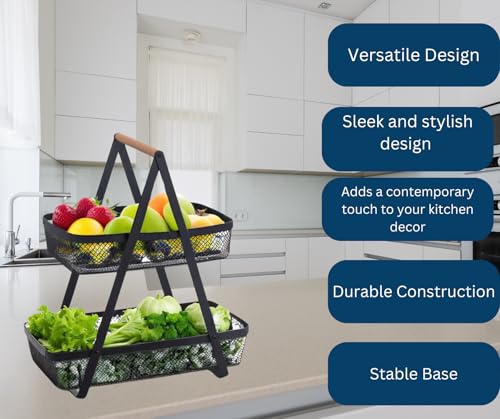 Trendi 2 Tray Fruit Stand Fruit Bowl, 2-Tier Mesh Fruit Basket with Wooden Handle, Fruit Bowl, Bread Basket, Vegetable Bread Basket, Modern for Kitchen Decoration, Vegetables, Fruits, Snacks - Image 5