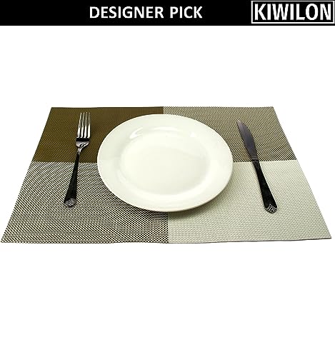 Image of PVC Dining Table Placemats Set of 6 | Washable Non-Slip Heat Resistant Table Mats for Dining Table | Elegant Woven Place Mats for Home, Kitchen & Restaurant | 45 x 30 CM (BK Olive, Classic)