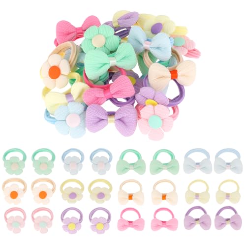 24 Stück Bunt Klein Haargummi, Elastische Haarschmuck Mädchen, Weich Haargummi mit Schleifen Blumen, Geeignet für Kinder Kleine Mädchen