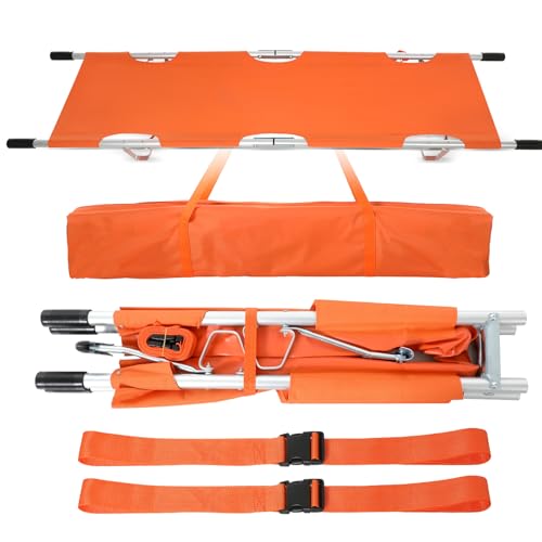Image of TrelaCo Folding Stretcher 81 x 21.3 x 5.4 Inch Aluminum Alloy Collapsible Gurney Emergency Portable Stretcher with Heavy Duty Handles Rubber Feet for Ambulance Patient Transport, Orange