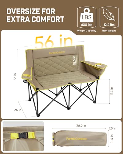 Image of FanttikOutdoor Zeta L11 Duo Pro Double Camping Chair, 2 Person Portable Folding Couch, High Strength Loveseat with Cup Holder & Carry Bag for Travel, Games, BBQ, Backyard, Support up to 600 lbs, Khaki