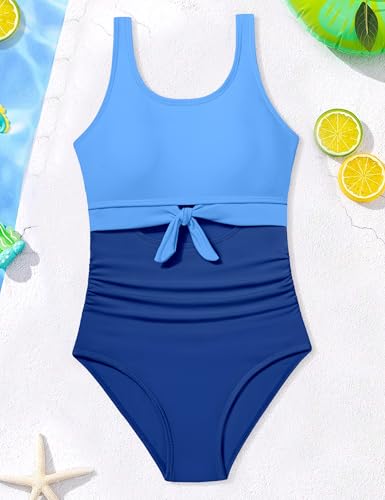 Image of Qaoerde Girls Swimsuit One Piece Swimsuits Cutout Ruched Bathing Suits Adjustable Straps Tie Girls' Swimwear 9-16Y