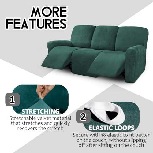 Image of ULTICOR Velvet 8-Pieces Recliner Sofa Covers Stretch Reclining Couch Covers for 3 Cushion Reclining Sofa Slipcovers Furniture Covers Thick Soft Washable (3 Seater Recliner Cover, Retro Green)