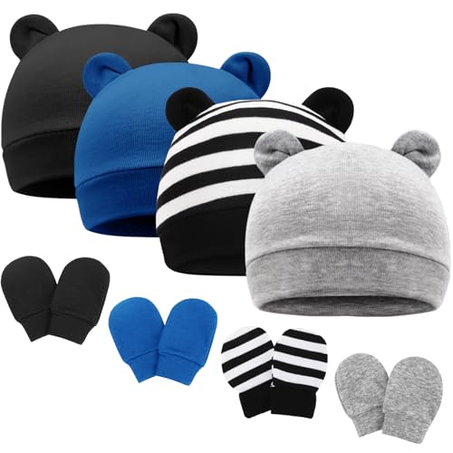 Image of Newborn Baby Hat and Mittens Set Bear Ears Toddler Infant Beanie Caps Newborn Hospital Hat for Baby Boy Girl 0-3 Months