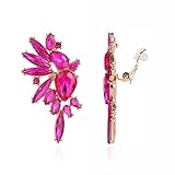 Met-edianger Hot Pink Rhinestone Statement Earrings Retro Vintage Crystal Clip on Drop Dangle Earrings Non Pierced Earrings for Women