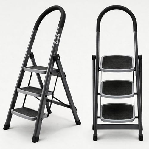 Image of Dropin Premium Steel 3 Step Foldable Ladder for Home Use with Built-in Tool Tray,Climb Easy Anti-SliWide Rubber Secure Lock 150Kg Capacity,Heavy Duty D Shape Rods - 20 x 30 cm Large Platform