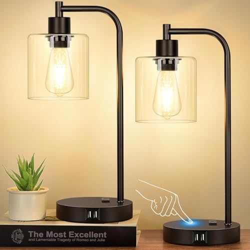 Industrial Touch Control Table Lamps with USB Ports and AC Outlet - Dimmable Black Bedside Lamps for Bedroom or Living Room