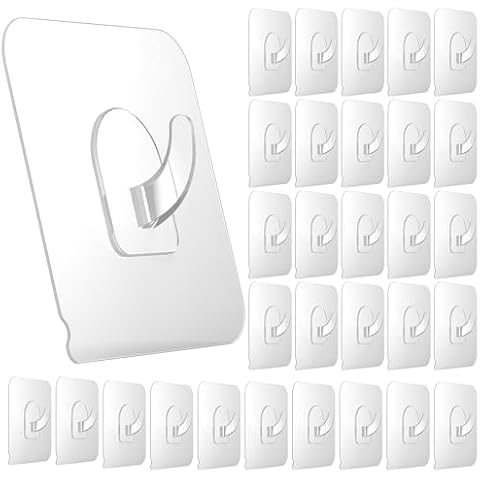 Ninth Five 30 Pack Adhesive Hooks for Hanging, 22lb Heavy Duty Wall Door Hooks, Clear Plastic Sticky Hanging Hook for Home Kitchen Bathroom Office Use Cover