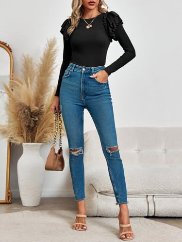 Image of Tankaneo Womens Ruffle Long Sleeve Shirts Fitted Ribbed Knit Tops Fall Casual Crew Neck Tees