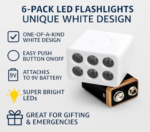 Image of 6 Pack of Raw Synergy LED Flashlights, Push Button On /Off. Safe Candle Replacement. Attach to 9V Battery (not Included) Compact. Bright and Easy to Use. Awesome Gift Idea