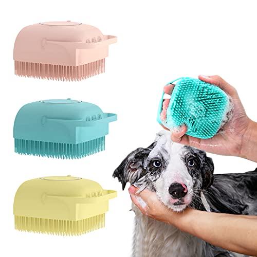 Potaroma Dog Bath Brush, Soft Silicone Puppy Grooming Comb with Shampoo Dispenser, Pliable Pet Massaging Scrubbing Brush Rubber Bristle, Short Haired Dog and Cat Shampoo Brush for Shower Grooming