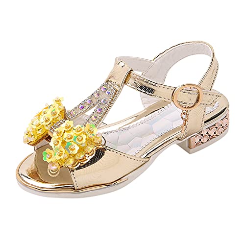 Toddler Girl Sandals Buckle Sandals Sequins Bow Girls Beach Baby Strap Breathable Soft Kids Shoes Girl's shoes (Gold, 31)
