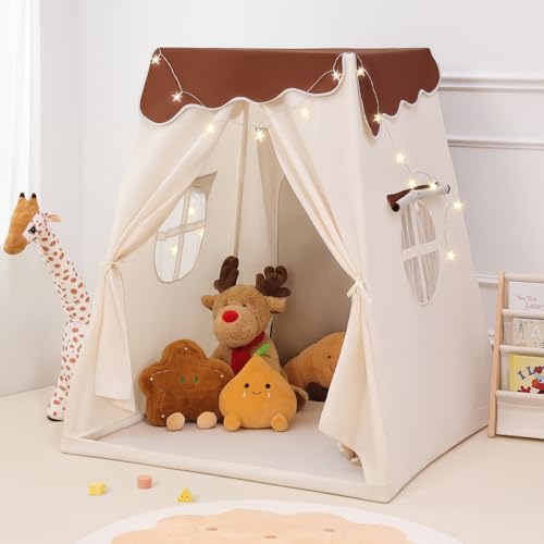 PIIKAGO Frustum Design Kids Play Tent with Star Lights, Dual-Door Toddler Tent Indoor for Ages 4-8, Portable Toddler Playhouse Gift for Girls & Boys, Brown