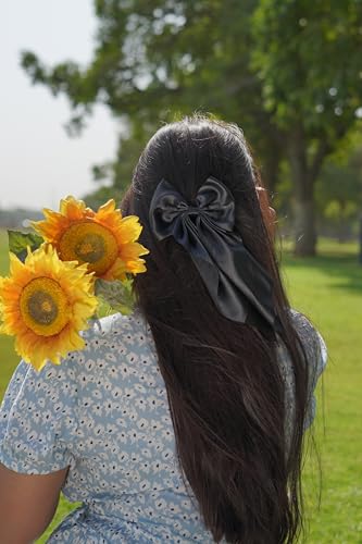ChicTresses® 2 Pack Black and Off White Hair Bows - Bow Clips for Women and Girls - Luxury Silky Satin Barette Hair Clip - Cute Hair Accessories - Image 3