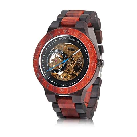 BOBO BIRD Mens Wooden Watches Mechanical Watch Lightweight Wood Band Timepieces for Men (RED) Cover