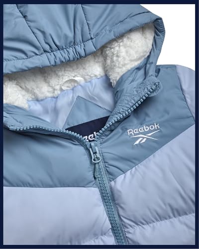 Image of Reebok Girls Heavyweight Poly Taffeta Puffer Jacket with Sherpa Hood | Insulated Quilting Locks in Warmth, Zip-Up Closure, Secure Pockets for Gloves, Cozy Protection for Cold-Weather Play