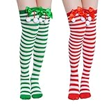 OuryTech calcetines a rayas, 2 pares disfraz de Calzaslargas para damas, calcetines a rayas, disfraz de carnaval, calcetines coloridos, calcetines hasta la rodilla con lazo, calcetines de