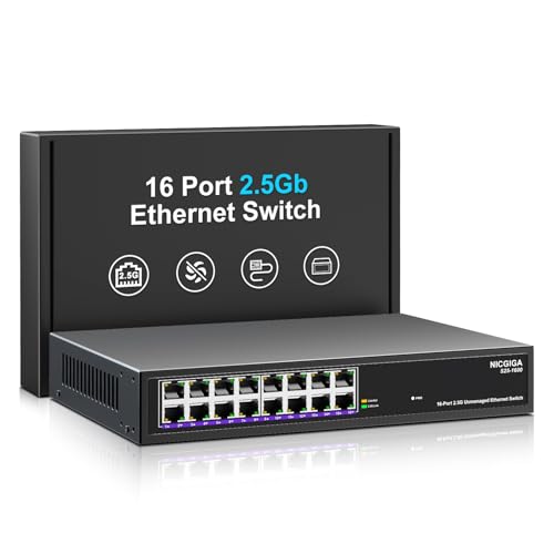 16 Port 2.5Gb Ethernet Switch Unmanaged, NICGIGA 16 Port 2.5G Network Switch, Plug & Play, Desktop or 19-inch Rack Mount, Fanless Metal Design.