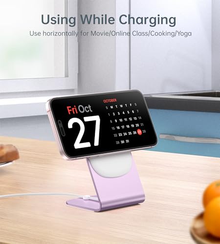 Image of Magnetic Wireless Charger for iPhone 17-12 Series + Aluminum Charger Stand | Mag Charger+20W USB C Adapter, Fast Wireless Charging Stand /Pad with 5ft USB-C Cable for iPhone 17 /16 /15 /14 /13 /12, Airpod Pro