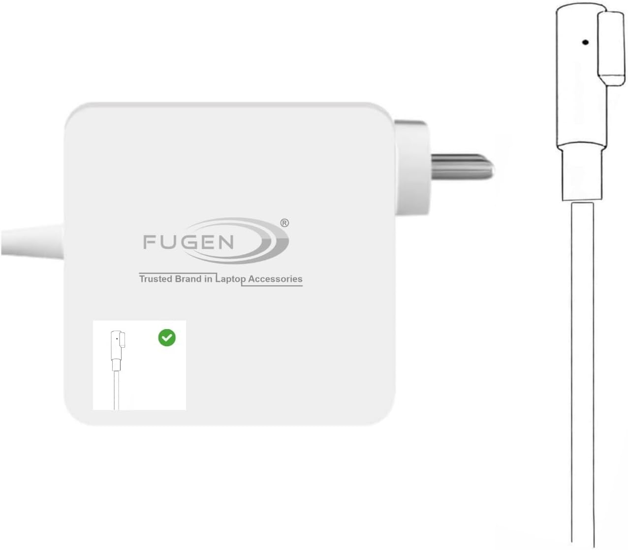 Fugen Adapter Charger L Shape (MG-1) 65W 16.5V 3.65A Unibody Compatible with MacBook Pro 13" A1278, A1181, A1185, A1172, A1184 Magnet Pin (White)