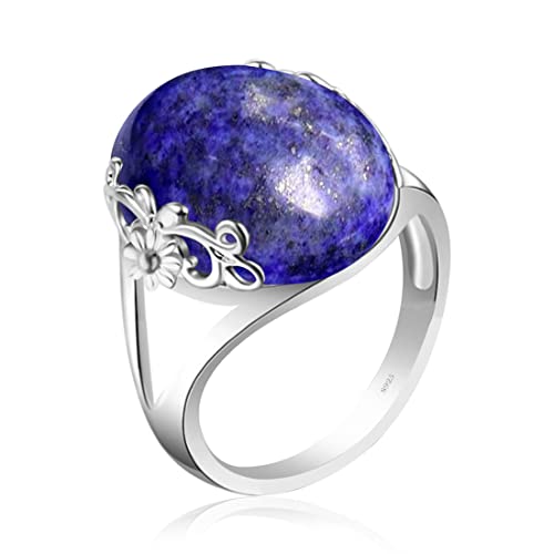 Natural Blue Lazurite/Green Epidote Jasper Quartz Crystal Stone Ring for Women,S925 Sterling Silver Edged with Flower Vine Thick Natural Genuine Quartz Crystal Gemstone Turkey Ring Jewelry