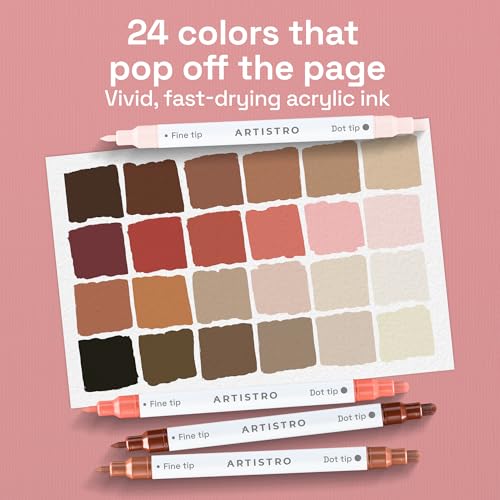 Image of ARTISTRO 24 Skin Tones Dual-Tip Acrylic Paint Markers - Paint Pens Set with Dot & Fine Tips for Fabric, Rock, Glass, Wood, Coloring Books - Arts & Crafts Gift - Classroom Must Haves & School Supplies