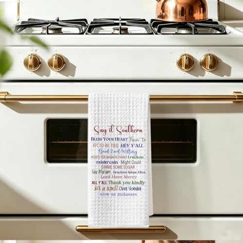 Image of Funny Quotes Kitchen Towels, Southern Tea Towels for Kitchen Home Bathroom Farmhouse Decor, Say It Southern Waffle Weave Dish Drying Towel, Housewarming Gifts for Women Friend, 24x14 Inch