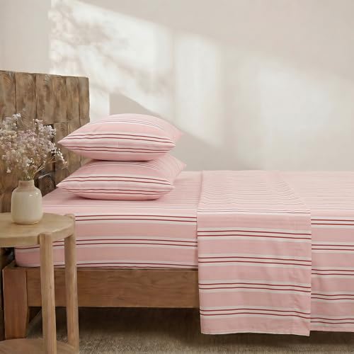 Image of Merryword 100% Cotton Sheet Set King Size, Pink Stripes Bedding, Soft Breathable Percale Weave, Modern Minimalist, Luxury Linen Like, Deep Pocket Fitted Sheet 17.5 inch