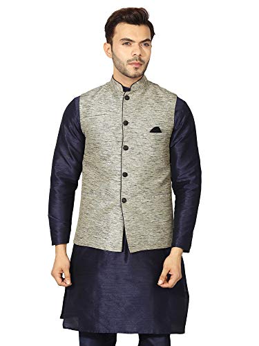 Image of Uri and MacKenzie Men's Silk Blend Regular Kurta Churidar Pyjama with Bundi Nehru Jacket /Waistcoat